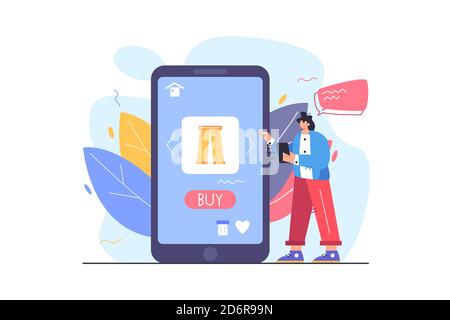 Mädchen macht eine Auswahl von Waren in einem mobilen Shop Stock Vektor