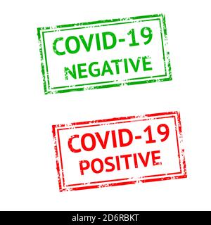 COVID-19 NEGATIV- und POSITIVTEXT mit roten und grünen Gummistempeln, Konzeptbild Stockfoto