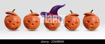 Orange Kürbisse für dein Design auf transparentem Hintergrund. Konzept Happy Halloween. Set des glücklichen und bösen Kürbis mit Hut. Realistische 3D-Vektordarstellung. Stock Vektor
