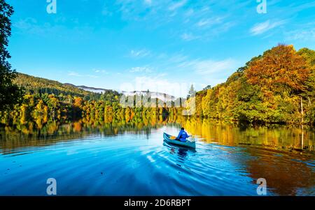 Kayaker auf dem Fluss Tummel mit atemberaubenden Herbstfarben in der Stadt Pitlochry, Perthshire, Schottland, Großbritannien Stockfoto