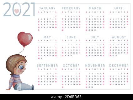 Kalender 2021 Aquarell. Jahreskalender für 12 Monate. Aquarell - ein niedlicher Junge sitzt mit einem Ballon in den Händen. Design Planer, Briefpapier Stockfoto