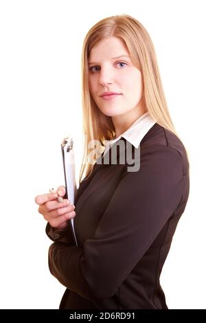 Blonde Geschäftsfrau hält eine Zwischenablage Stockfoto