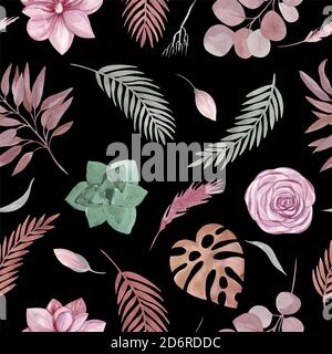 Nahtloses Muster aus floralen Elementen auf schwarzem Hintergrund. Boho getrocknete Pflanzen und Blumen, Eukalyptuszweige, saftig. Vektor Stock Vektor
