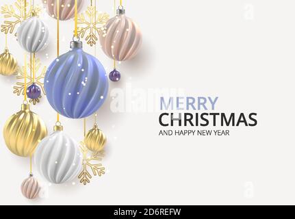 Weihnachtshintergrund mit Weihnachtskugeln aus Acre rosa, Gold und blau, eine Spirale Kugeln auf einem farbigen horizontalen Hintergrund. Stock Vektor