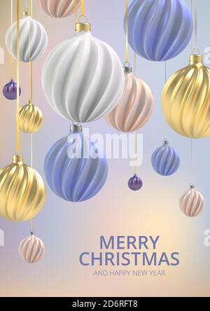 Weihnachtshintergrund mit Weihnachtskugeln aus Acre rosa, Gold und blau, eine Spirale Kugeln auf einem Farbe vertikalen Hintergrund. Stock Vektor