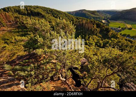 Blick vom roten Sandsteinfelsen Effles, Deutschland, Nordrhein-Westfalen, Eifel, Nideggen Stockfoto