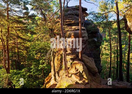 Roter Sandsteinfelsen Effles, Deutschland, Nordrhein-Westfalen, Eifel, Nideggen Stockfoto