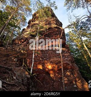 Roter Sandsteinfelsen Effles, Deutschland, Nordrhein-Westfalen, Eifel, Nideggen Stockfoto