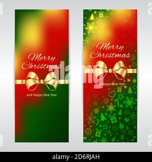 Frohe Weihnachten und Neujahr vertikale Vektor-Banner grün rot Gelber Schablonenhintergrund mit goldenem Band Stock Vektor