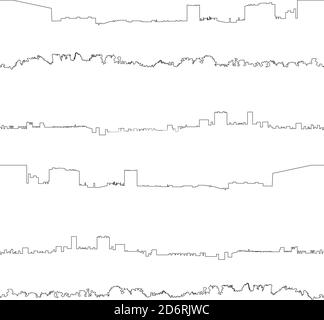 Nahtloser Hintergrund mit abstrakten Gebäuden und Bäumen. Schwarz Weiß Stock Vektor