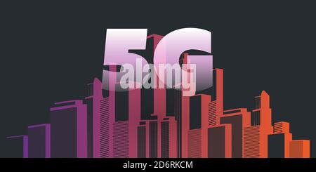5G Network Label over Smart City - High Speed, Breitband-Mobilfunk und Wireless Internet Design-Konzept mit Wolkenkratzern Stock Vektor