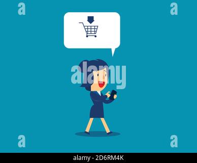 Illustration von Geschäftsfrau Verkauf und Kauf mit Anwendung auf Smartphone. Konzept Business Vector Stock Vektor