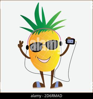 Tanzende Ananas mit Kopfhörer, Player und Sonnenbrille. Lustige Illustration mit Früchten. Stock Vektor