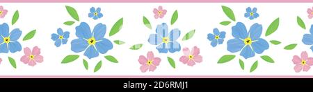Forget-Me-Not florale nahtlose Grenze . Schönes Banner von malerischen Aquarell-Effekt-Gruppen von rosa blauen mysotis Blumen. Handgezeichneter botanischer Garten Stock Vektor