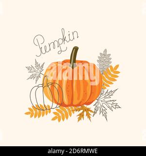 Ein orangefarbener großer Kürbis mit Herbstblättern Stock Vektor