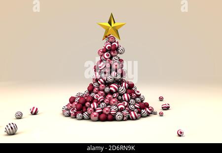 3D Rendering eines Weihnachtsbaums mit Dekoration Kugeln gemacht Und einen goldenen Stern Stockfoto