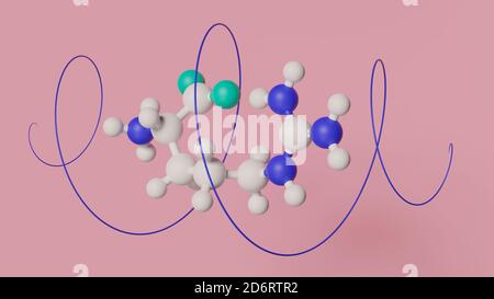 Arginin (L-Arginin, Arg, R) Aminosäuremolekül. 3D-Rendering. Atome werden als farbcodierte Kugeln dargestellt: Wasserstoff (grau, kleiner), Kohlenstoff (grau, Stockfoto