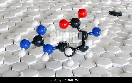 Arginin (L-Arginin, Arg, R) Aminosäuremolekül. 3D-Rendering. Atome werden als Kugeln mit konventioneller Farbkodierung dargestellt: Wasserstoff (weiß), ca. Stockfoto