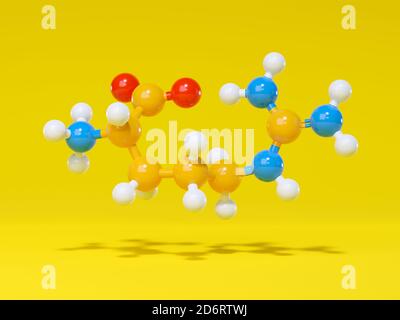 Arginin (L-Arginin, Arg, R) Aminosäuremolekül. 3D-Rendering. Atome werden als farbcodierte Kugeln dargestellt: Wasserstoff (weiß), Kohlenstoff (gelb), Oxyg Stockfoto