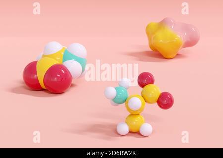 Alanin (L-Alanin, Ala, A) Aminosäuremolekül. 3D-Rendering. Stillleben bestehend aus einer gradientenfarbenen Lösungsmitteloberfläche (oben rechts), einer Raumfüllung Stockfoto