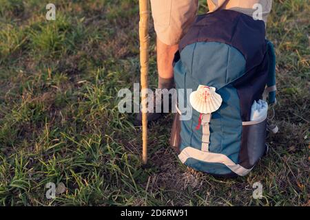 Von oben der Ernte unkenntlich männlichen Touristen mit Trekkingstock Und Rucksack auf der Wiese im Sommer Stockfoto