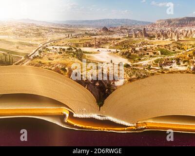 Reisen und Urlaub buchen, die Welt erkunden. Ein Buch für Reisen, Reiseführer. Kappadokien, Goreme, Zentralanatolien. Türkei. Göreme, Felsformationen Stockfoto