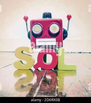 Das akronym SQL mit einem Roboter Kopf auf einem Holzboden mit Reflexion Stockfoto