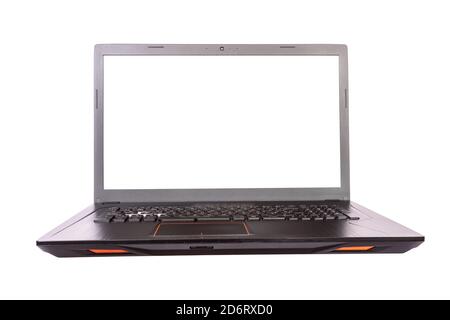 Schwarzer Laptop mit Bildschirm in 90 Grad isoliert auf weißem Hintergrund. Notebook mit leerem Bildschirm. Leerer Kopierplatz auf modernen mobilen Computern. Stockfoto