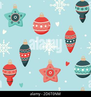Weihnachtsmuster mit niedlichen Dekorationen, Vektor-Illustration in flachem Stil Stock Vektor