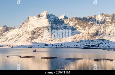 Berge von Moskenesoya, die über Selfjorden und Torsfjorden in der Nähe des Dorfes Fredvang, von Flakstadoya aus gesehen, ragen. Die Lofoten-Inseln im Norden Norwegens Stockfoto