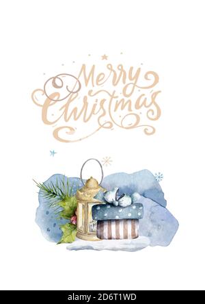 Geschenkbox mit Schriftzug Frohe Weihnachten, Schnee bacgrunde Hand gezeichnet Aquarell liebenswert Illustration Grußkarte. Stockfoto