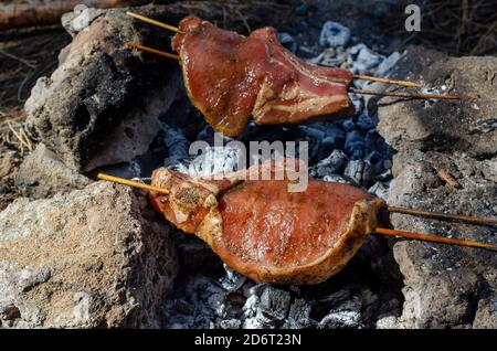 Schweinefleisch Entrecote wird auf Kohlen im Wald gegrillt. Zwei Stücke von saftigem Schweinefleisch mit Gewürzen Spieße auf Holzspießen. Kochen auf einer Wanderung oder Picknick. Ohne Stockfoto