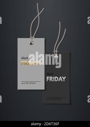 Black Friday Preisschilder mit Verkauf Mockup Vorlage Set. Rechteckige Karten mit grauen Schnüren für Kleidung mit Gold- und Silbertext. Aufkleber auf schwarz Stock Vektor