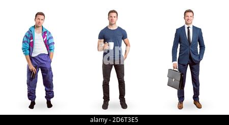 Ganzkörper-Porträts des gleichen jungen Mannes in verschiedenen Erscheinungsbilder Stockfoto