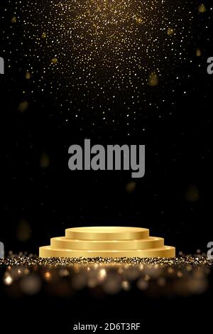 Golden Award runden Podium mit glänzenden Glitter und funkelt isoliert auf dunklem Hintergrund. Vektor realistische Darstellung des Symbols des Sieges, der Leistung Stock Vektor