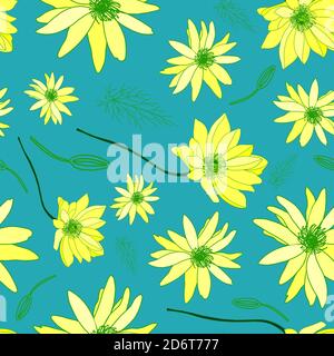 Adonis-Muster. Leuchtendes Sommerblütenmuster. Türkis. Abbildung. Botanische Abbildung Stockfoto
