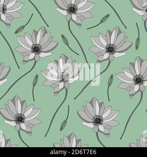Modernes Blumenmuster. Wildblumen-Muster. Hellgrüner Hintergrund, weiße Blumen. Adonis, Echinacea, Kamille. Illustration. Stockfoto
