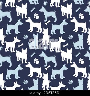 Hund Silhouette nahtlose Muster. Winter Tier Design Oberflächenstruktur über Hunde. Vektorgrafik Form auf dunkelblauem Hintergrund. Vorlage wiederholen Stock Vektor