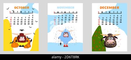 Bull, White Bull Kalender oder A4 Planer für 2021 mit Cartoon kawaii, Bull oder Kuh, Woche beginnt am Sonntag, druckbare Vorlage Stockfoto