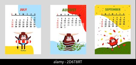 Bull, White Bull Kalender oder A4 Planer für 2021 mit Cartoon kawaii, Bull oder Kuh, Woche beginnt am Sonntag, druckbare Vorlage Stockfoto