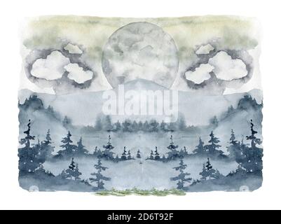 Wilde Waldbäume und hohe Berge im Nebel handgezeichnet Mit Aquarell Landschaft Hintergrund Stockfoto