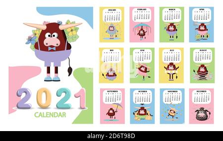 Bull, White Bull Kalender oder A4 Planer für 2021 mit Cartoon kawaii, Stier oder Kuh, Neujahr Symbol Ochse - Cover und 12 Monatsseiten. Die Woche beginnt am Stockfoto