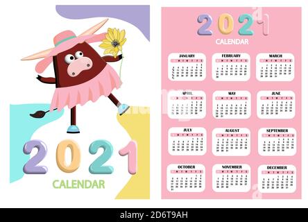 Bull, weißer Stier Kalender oder A4 Planer für 2021 mit Cartoon kawaii, Stier oder Kuh, Neujahr Symbol Ochse. Stockfoto