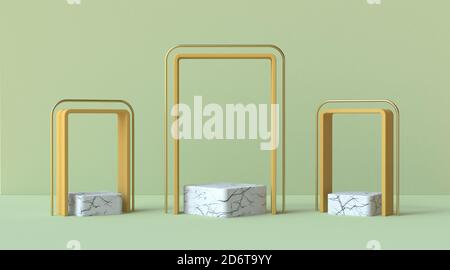 Abstraktes Podium mit drei quadratischen Marmorpodesten in 3D Darstellung auf grünem Hintergrund rendern Stockfoto