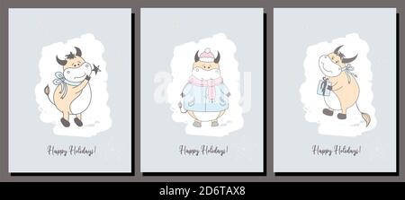 Set von Weihnachtskarten. Weihnachtskarte. Jahr der Stier Postkarte. Poster. OX-Zeichen Stockfoto