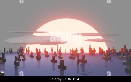 Viele Kreuze auf dem Friedhof in Dunst und untergehende Sonne, halloween Hintergrund, 3d Render Stockfoto