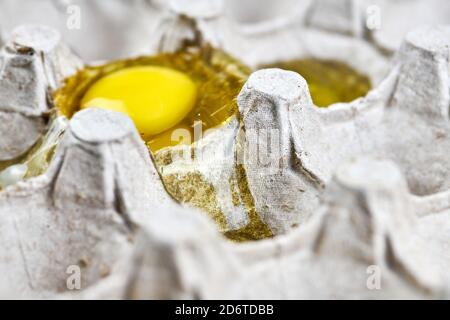 Zerbrochenes Ei in Papiereiablage. Eigelb und Weiß von ostern geknacktes Hühnchenei. Lieferschadenkonzept Stockfoto