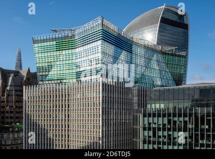 Detail der östlichen und nördlichen Erhebungen und des Gebäudes im Kontext der benachbarten Gebäude, der Shard, Minster Court und der Walkie-Talkie. 10 Gefank Stockfoto