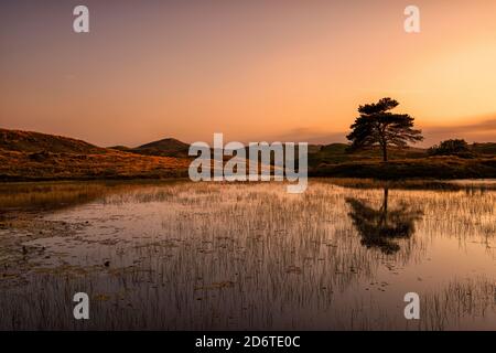 Sonnenuntergang in Kelly Hall Tarn im Lake District, Cumbria England Stockfoto