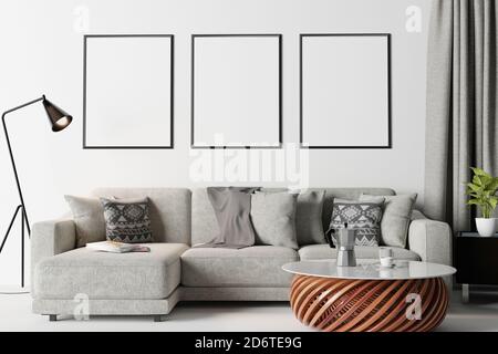 Mock-up Poster im Wohnzimmer Interieur, 3d-Rendering Stockfoto